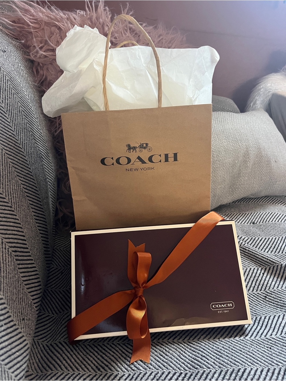 COACH Brown Gift Box, Bag & Orange Ribbon